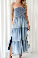 Smocked Tube Slit Tiered Denim Dress 