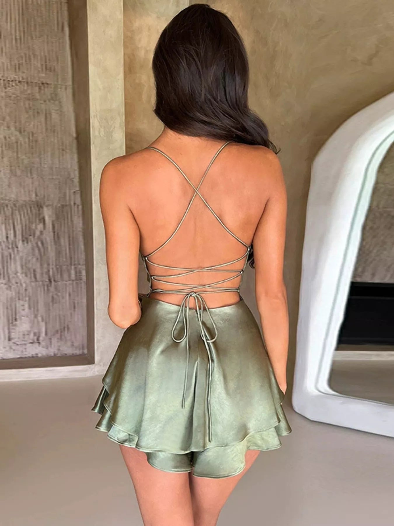 Backless Layered Ruffled Cami Dress 