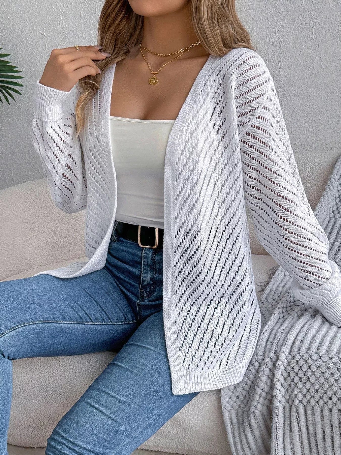 Openwork Open-Front Long Sleeve Cardigan 