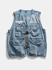 Multi-Pocket V-Neck Denim Vest 