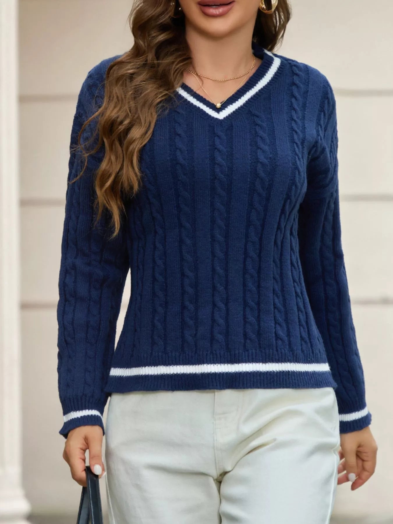 Classic Cable Knit V-Neck Sweater 