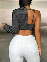 One Shoulder Long Sleeve Cropped Denim Top 