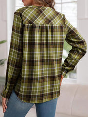 Plaid Half Button Long Sleeve Blouse 
