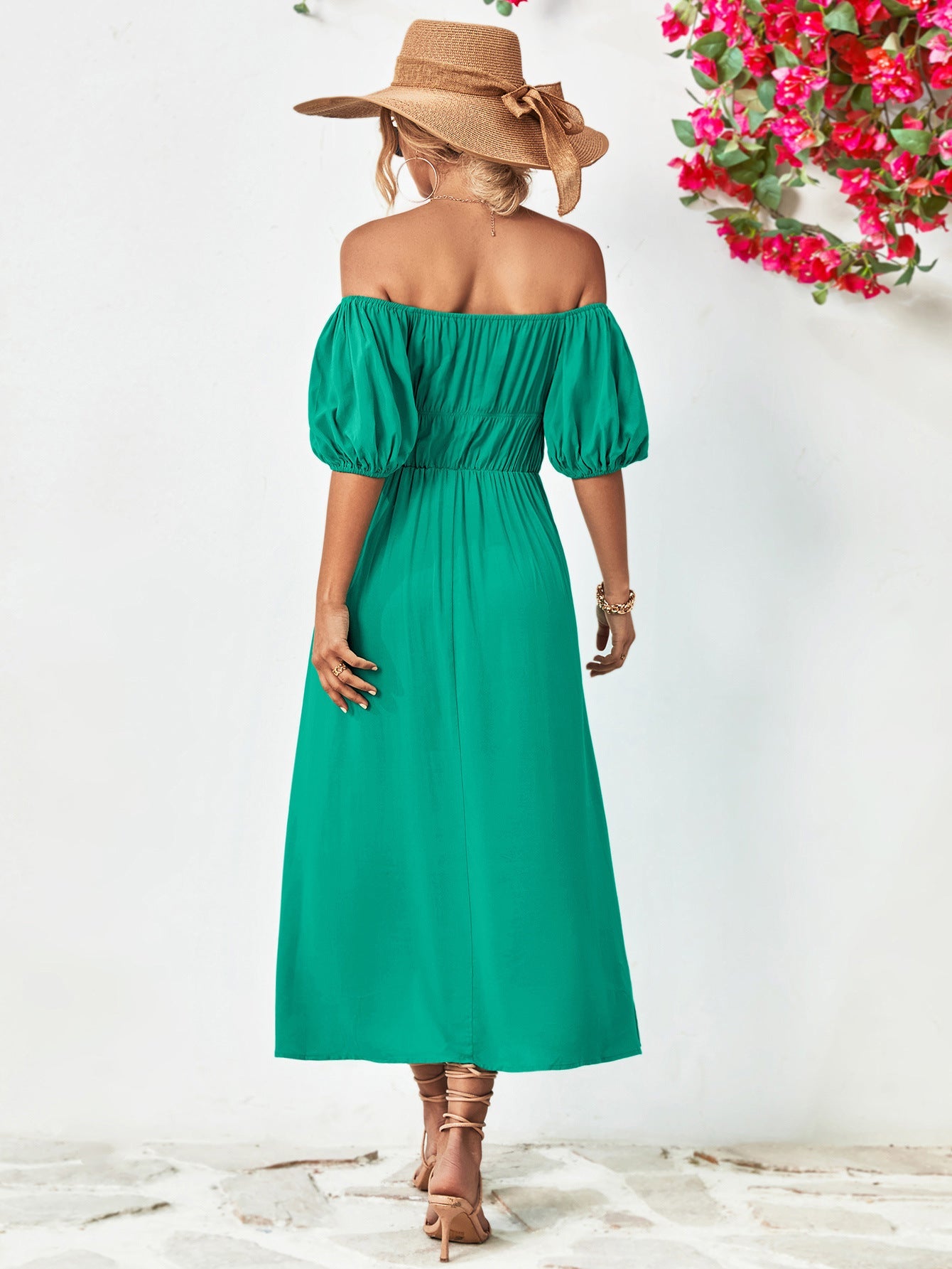 Off-Shoulder Balloon Sleeve Midi Dress 