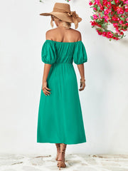 Off-Shoulder Balloon Sleeve Midi Dress 