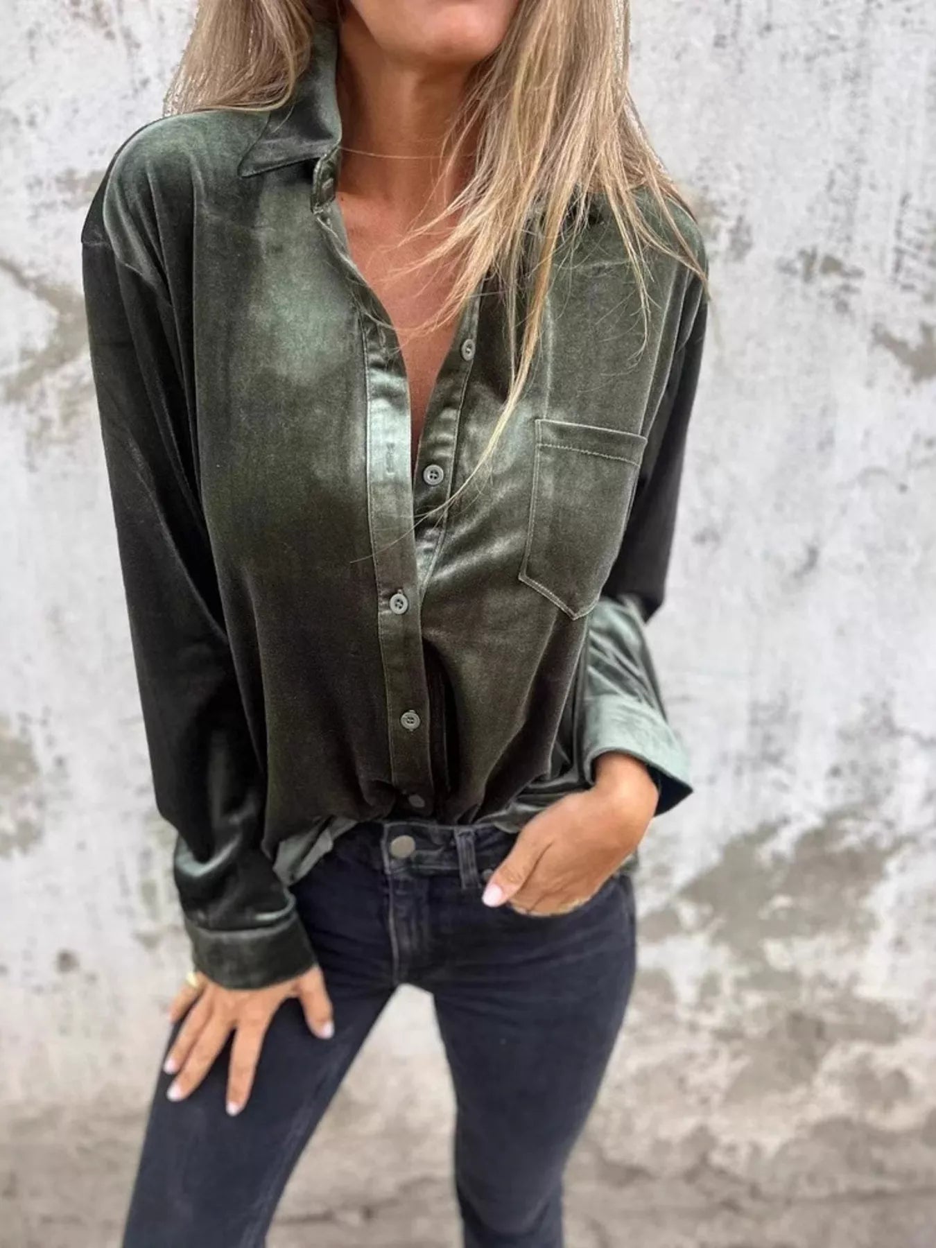 Full Size Velvet Button-Up Long Sleeve Shirt Plus Size 