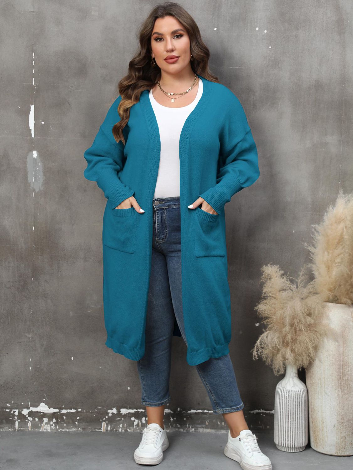 Plus Size Long Sleeve Pocketed Cardigan 