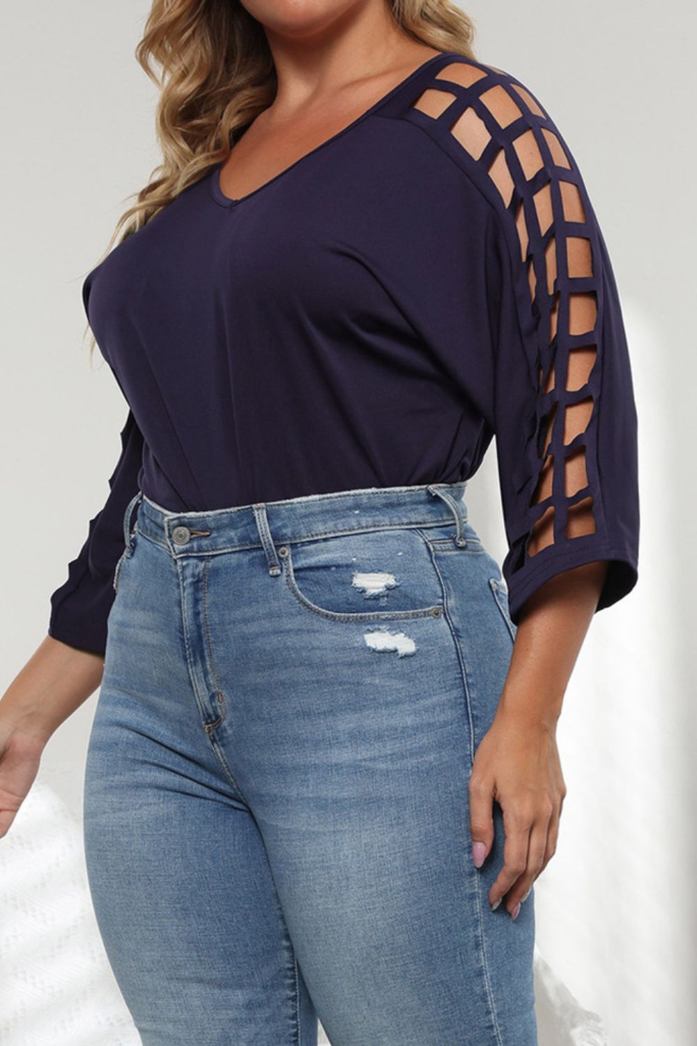Plus Size Cutout Three-Quarter Sleeve Blouse 