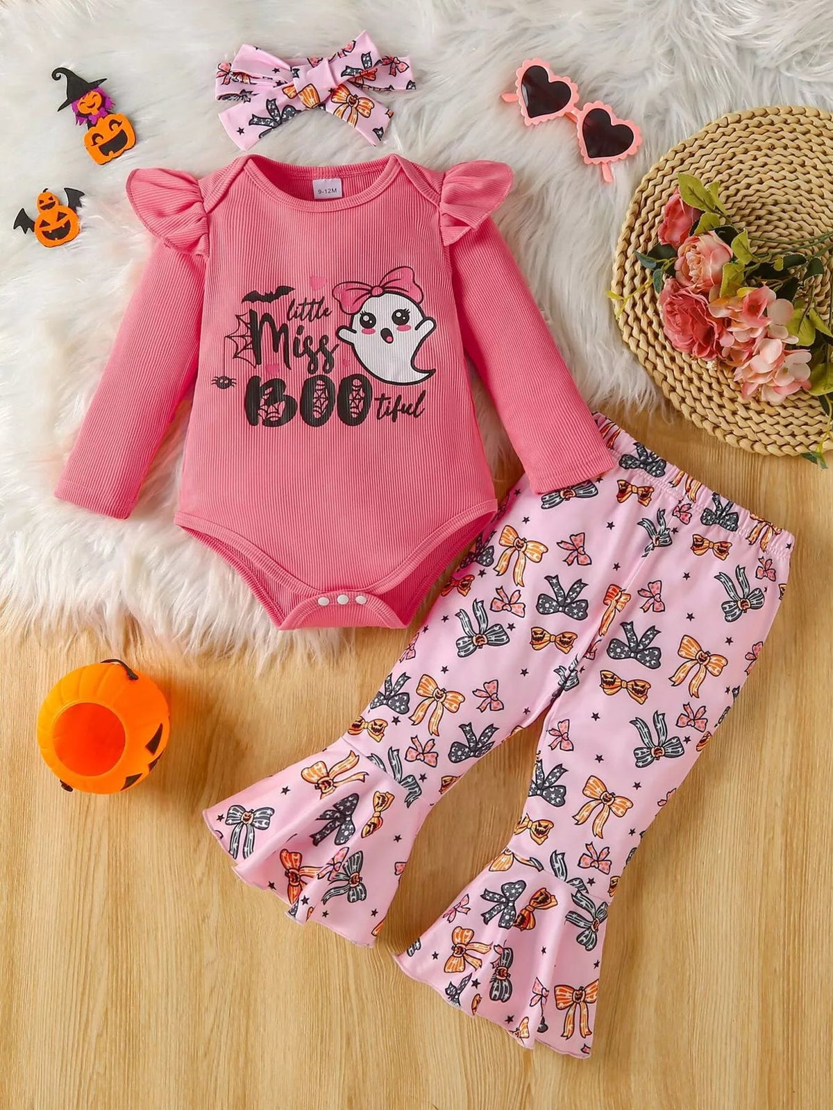 Children's Halloween Graphic Top and Pants 3-Piece Set with Headband 