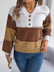 Color Block Striped V-Neck Button Detail Sweater 