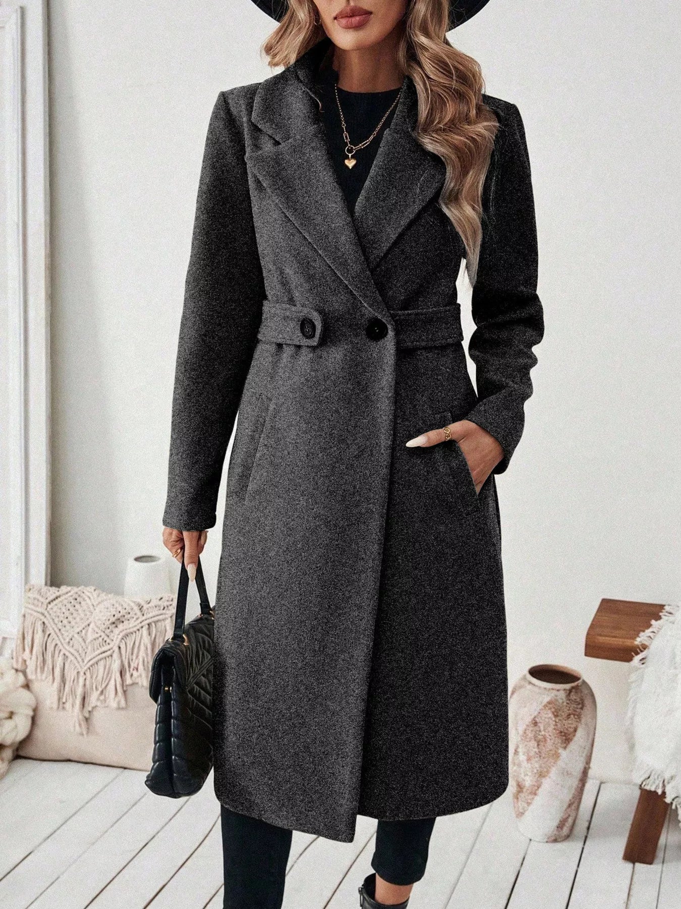 One Button Wool Blend Overcoat 