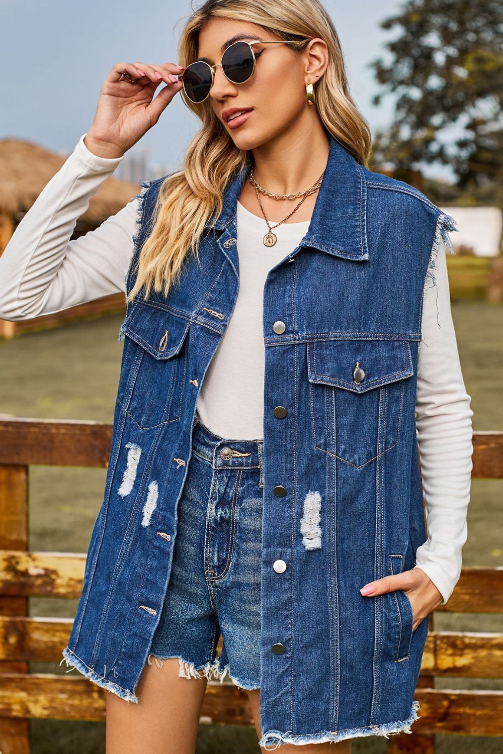 Sleeveless Button-Up Collared Denim Top with Pockets 