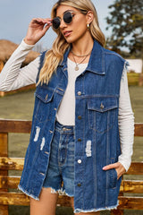 Sleeveless Button-Up Collared Denim Top with Pockets 