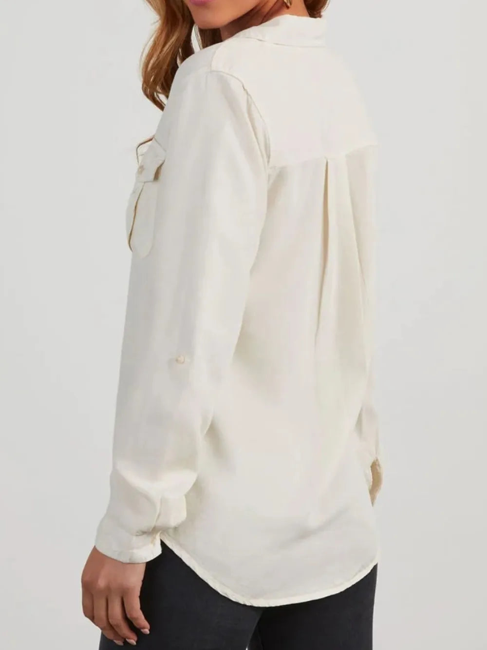 Collared Neck Roll-Tab Sleeve Denim Top 