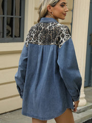 Leopard Button Up Long Sleeve Denim Jacket 