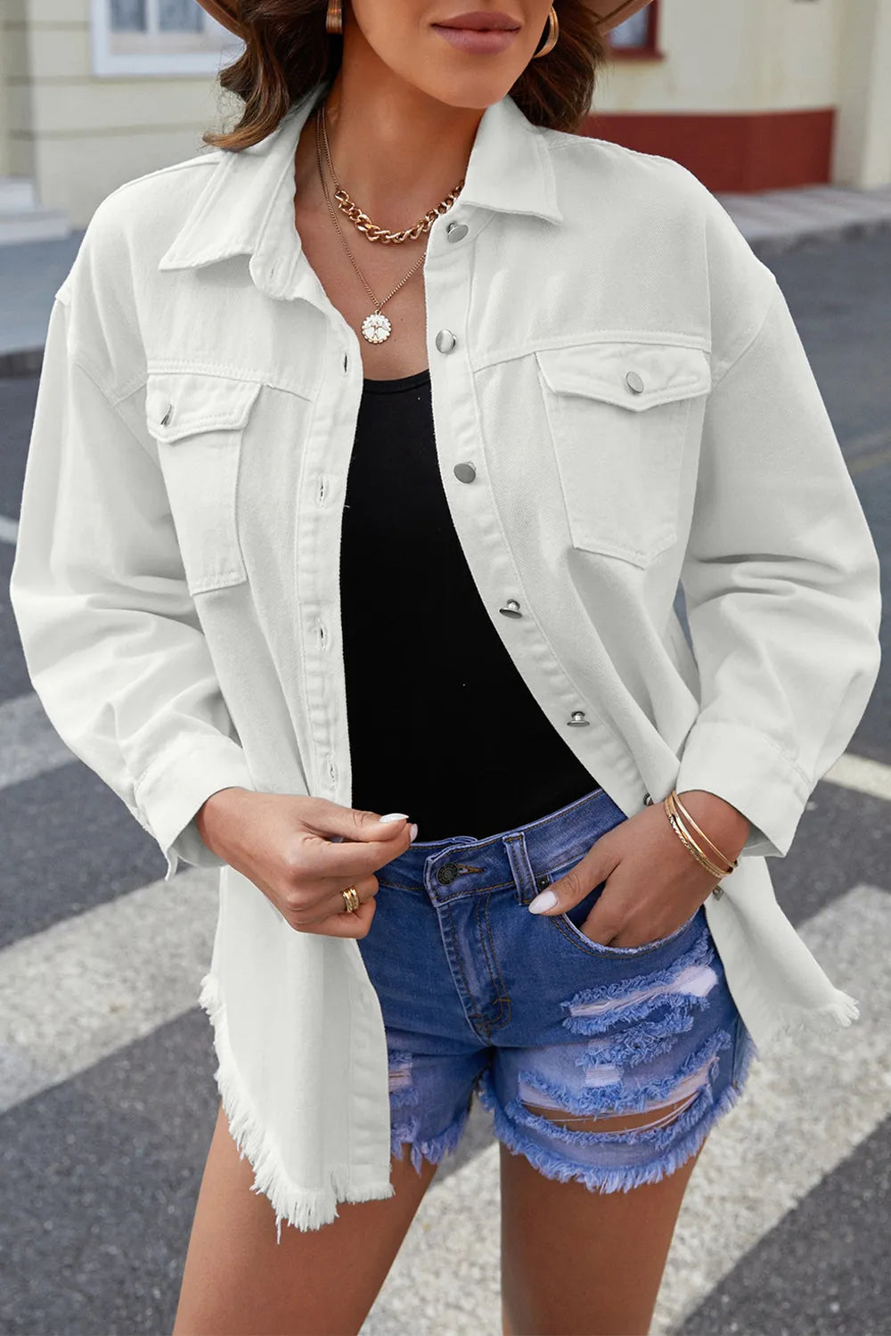 Button Up Pocketed Raw Hem Denim Jacket 