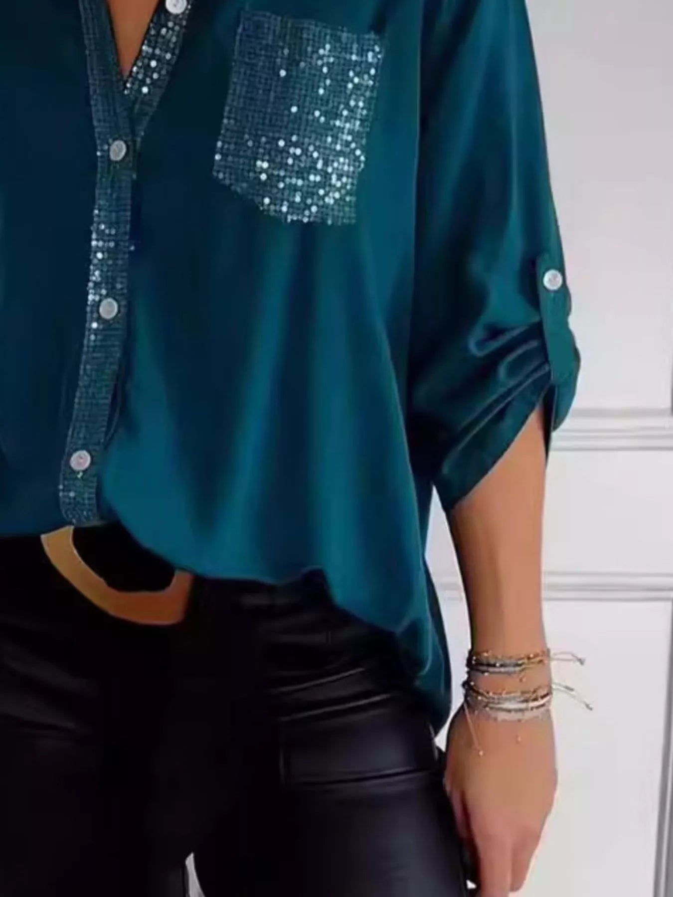 Full Size Sequin Detail Button-Down Shirt Plus Size 
