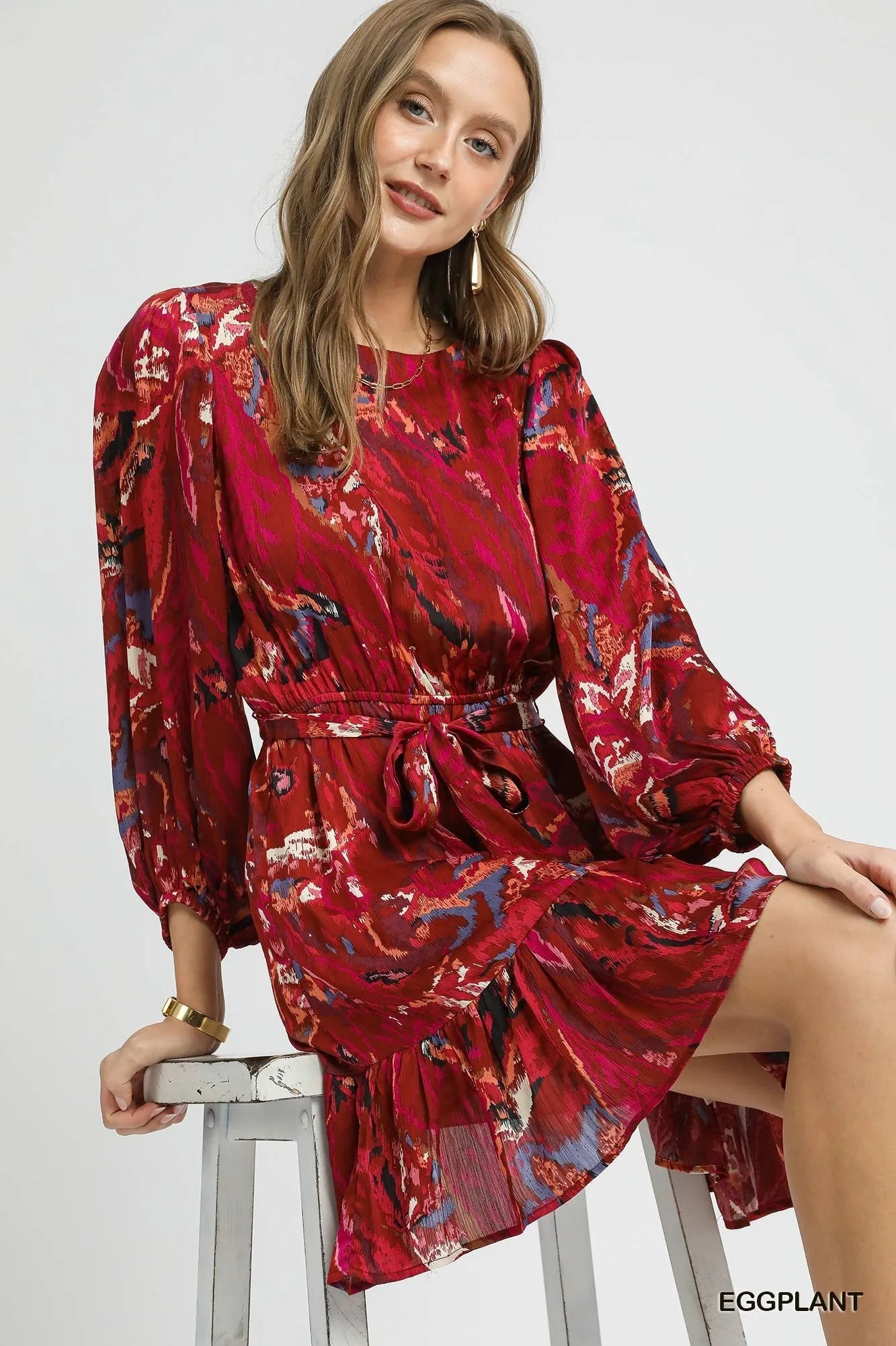 Umgee Ruffled Hem Printed Balloon Sleeve Dress 