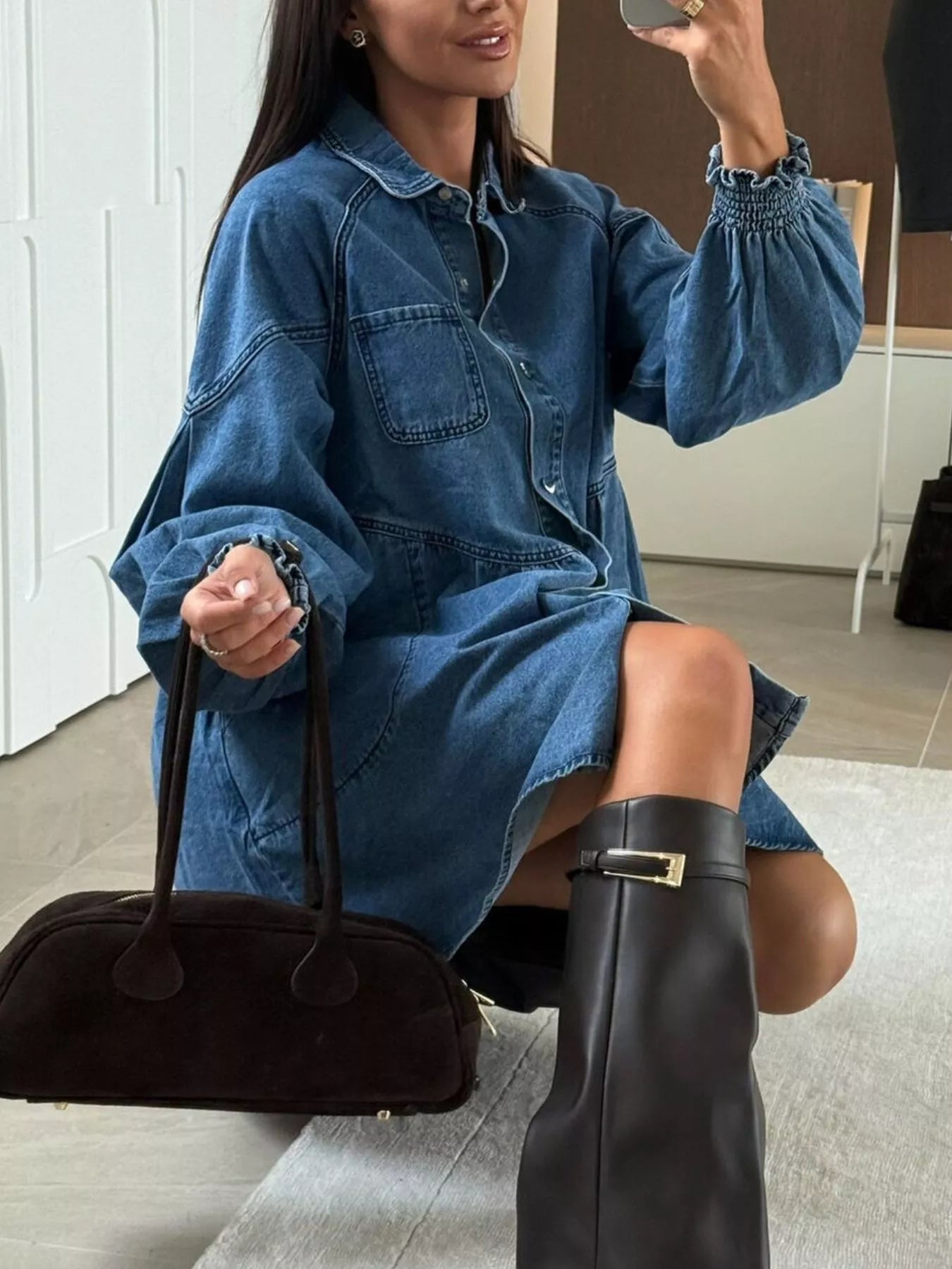 Button Down Mini Denim Dress with Front Pockets 
