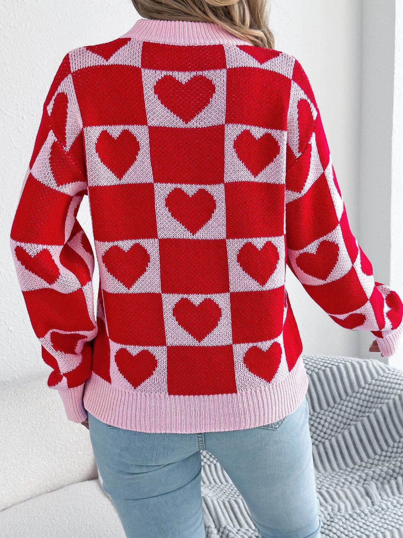 Heart Checkerboard Pattern Round Neck Sweater 