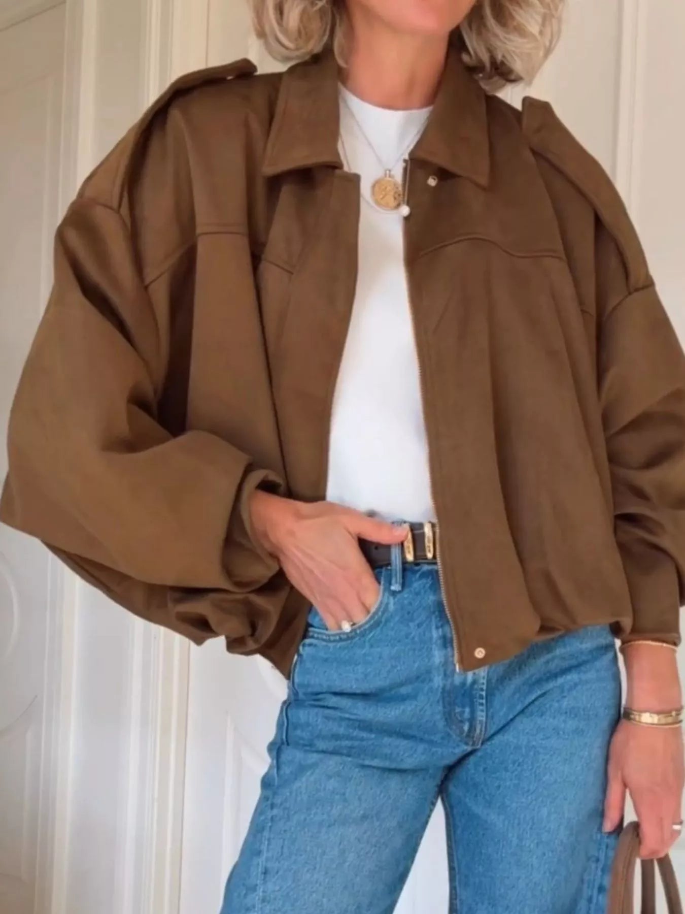 Zip Up Dropped Shoulder Suede Jacket 