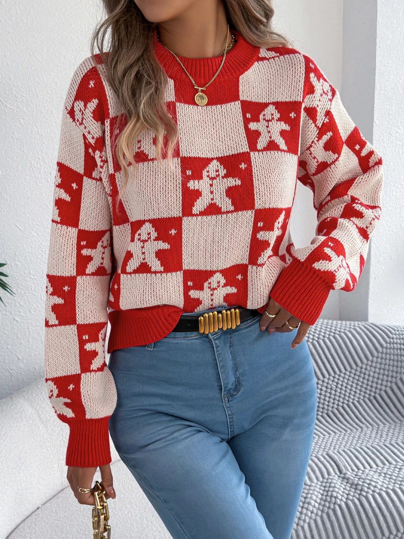 Christmas Checkerboard Gingerbread Round Neck Sweater 