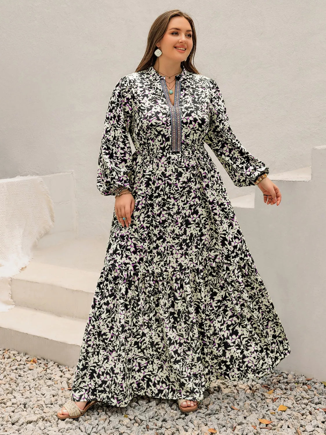 Plus Size Floral Print Long Sleeve Tiered Maxi Dress 
