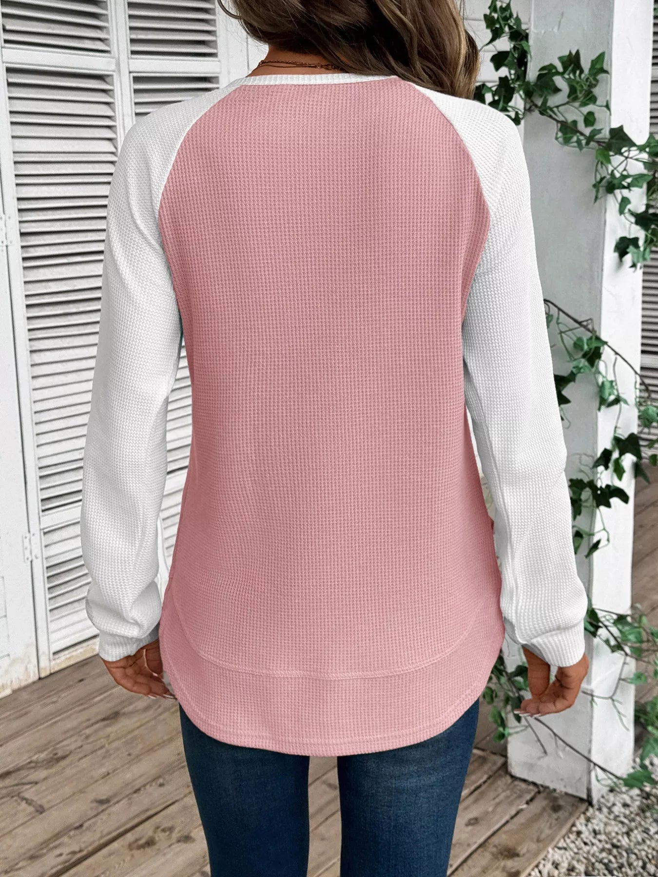 Contrast Raglan Sleeve Waffle Knit T-Shirt 