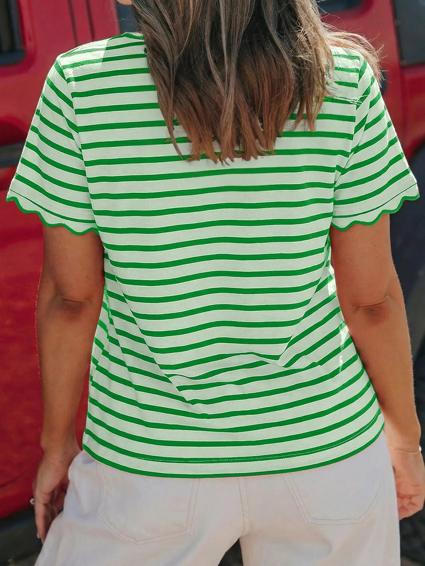 Striped Scallop-Trimmed Round Neck T-Shirt 