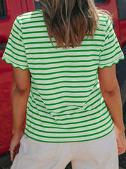 Striped Scallop-Trimmed Round Neck T-Shirt 