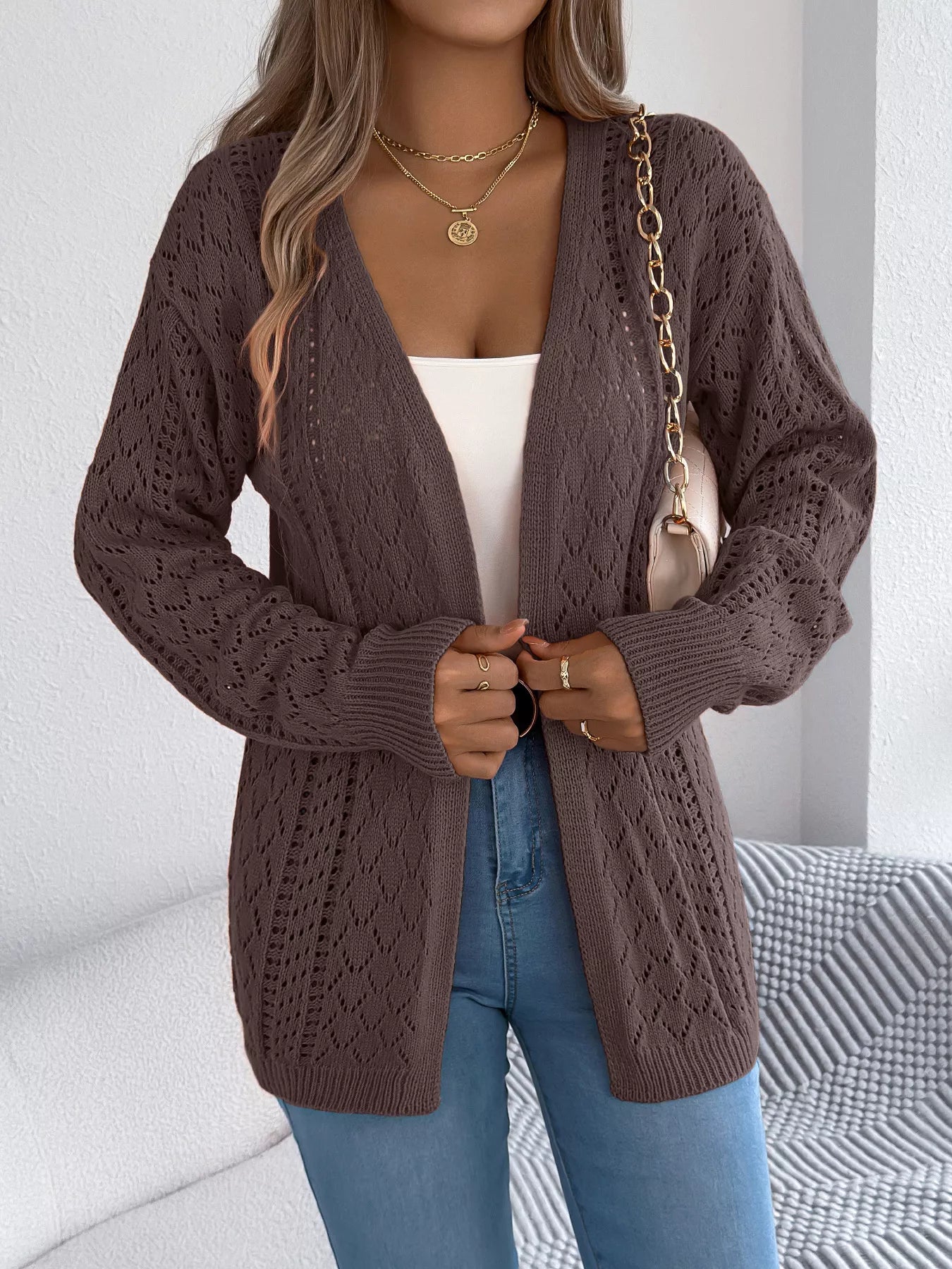 Openwork Open-Front Long Sleeve Cardigan 