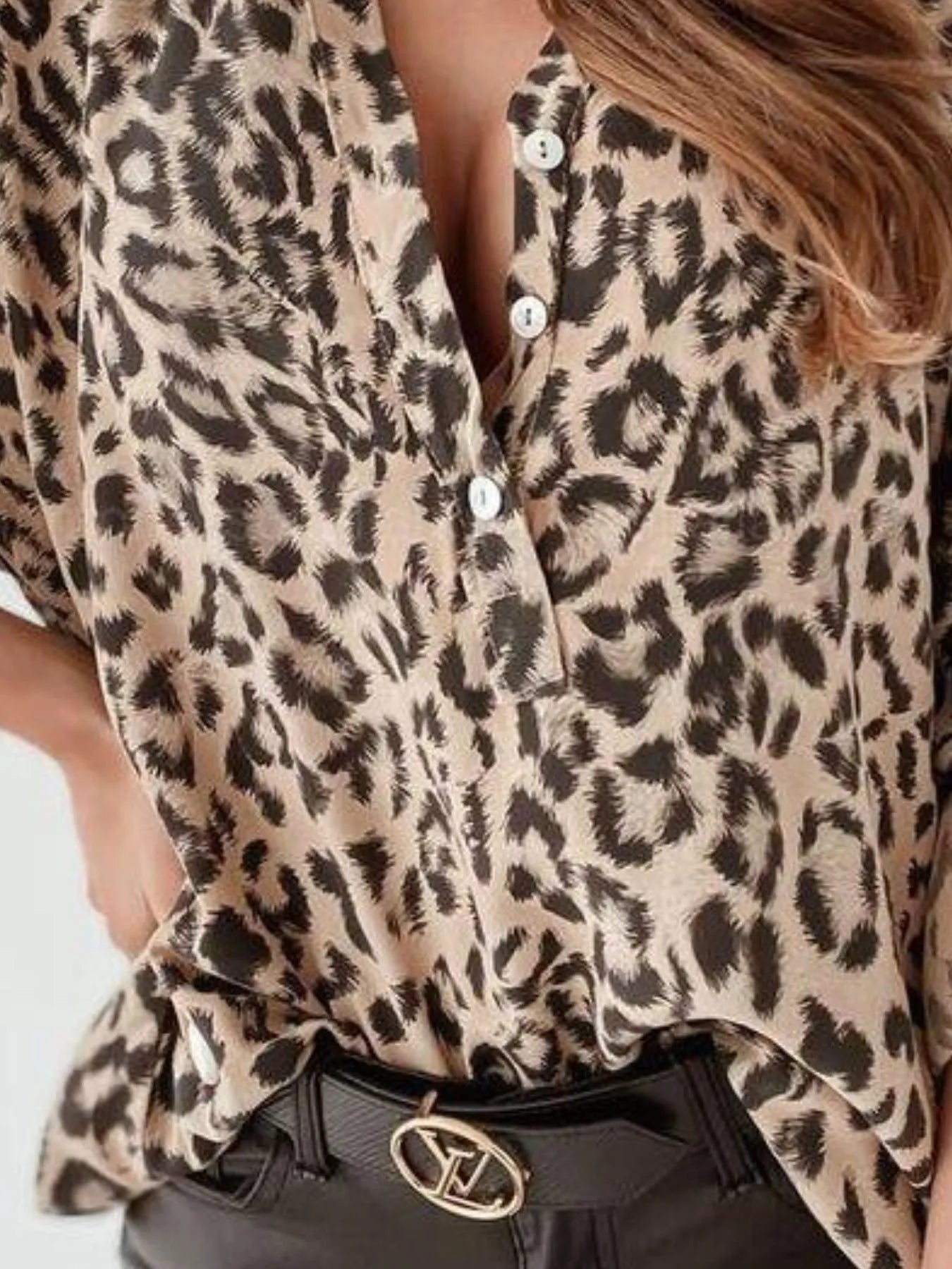 Full Size Leopard Print Roll-Tab Sleeves Blouse Plus Size 