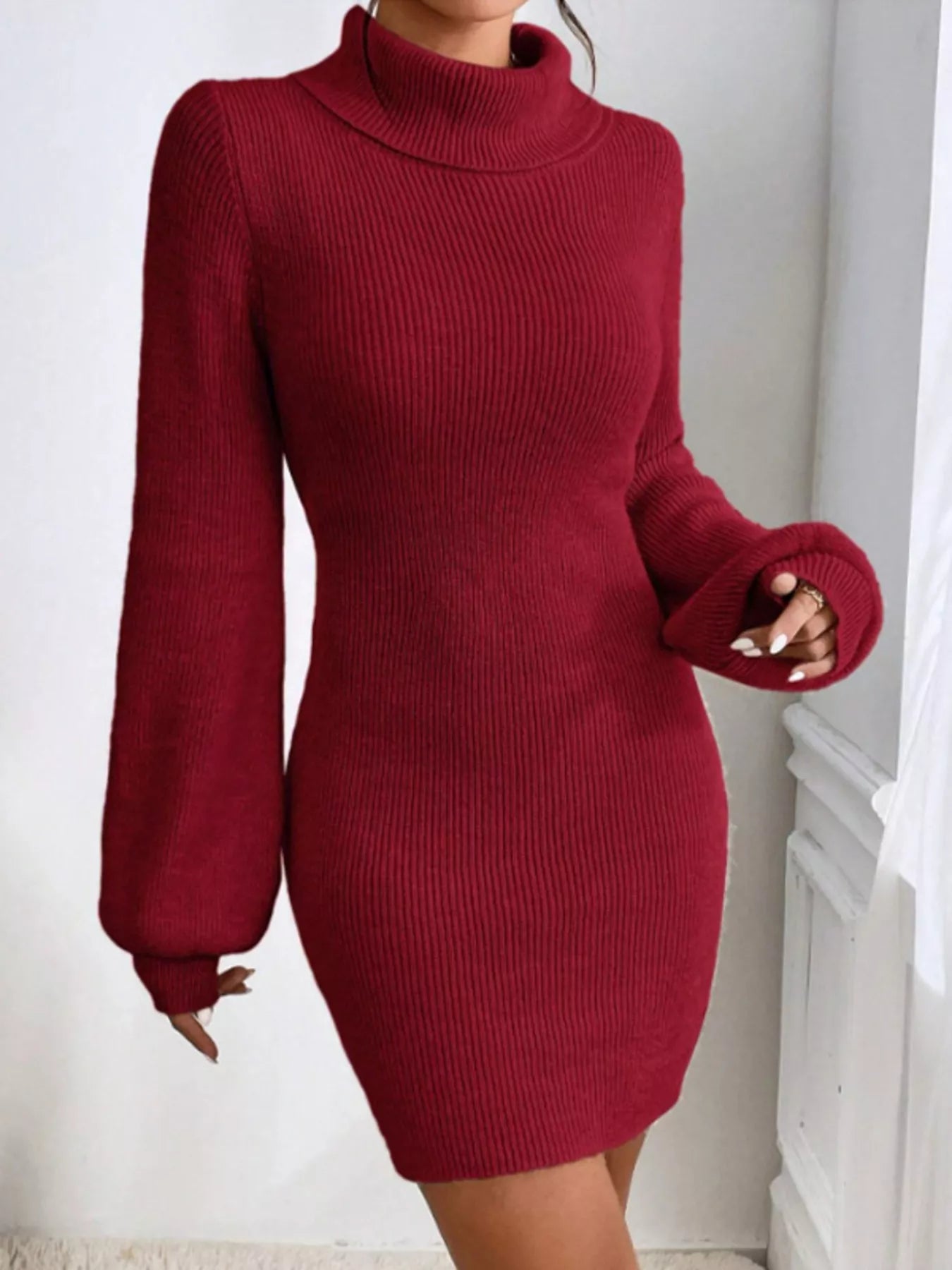 Turtleneck Ribbed Knit Sweater Dress 