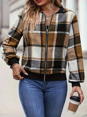 Plus Size Plaid Baseball Collar Zip Up Jacket 