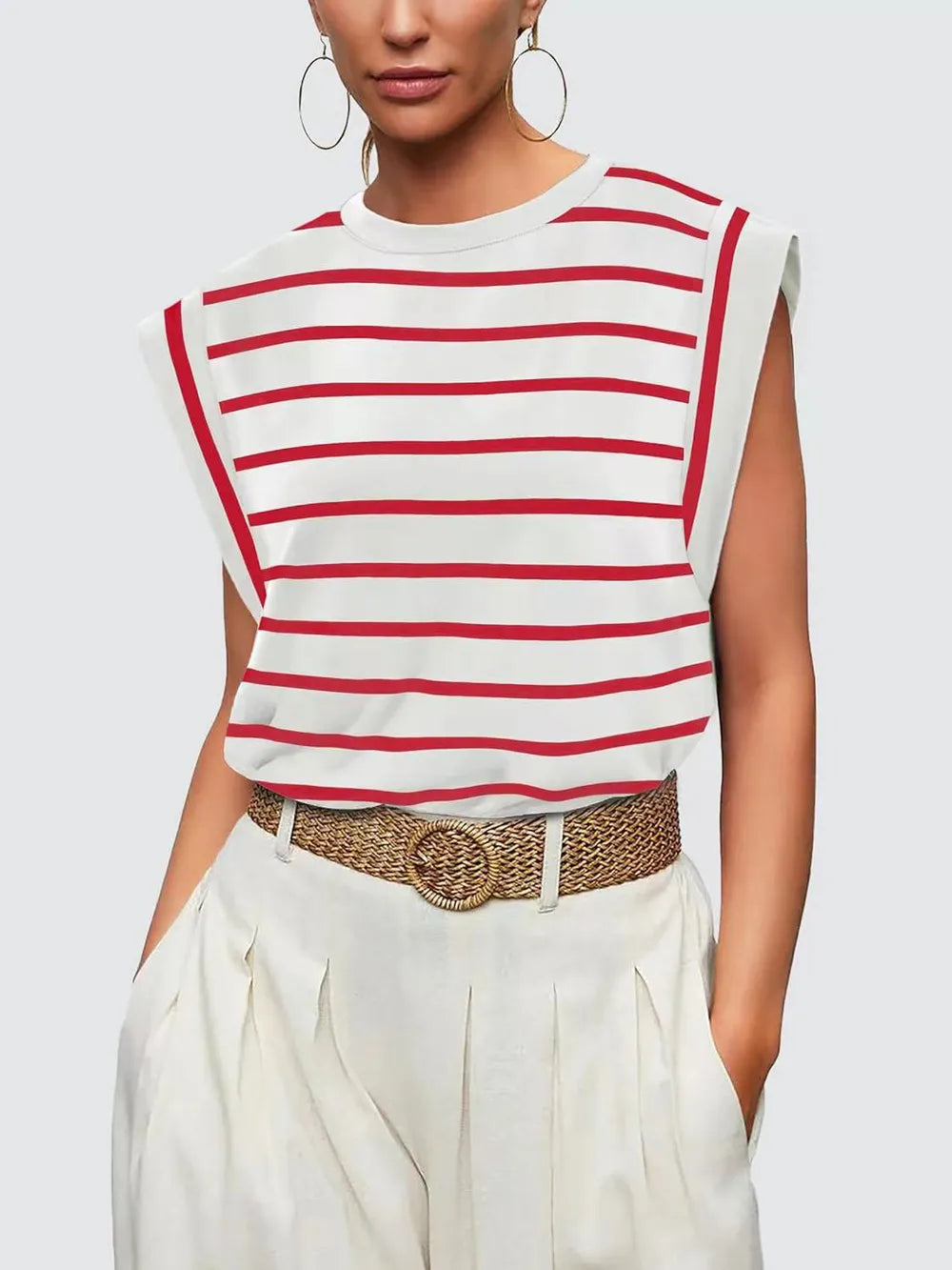 Striped Round Neck Cap Sleeve T-Shirt 