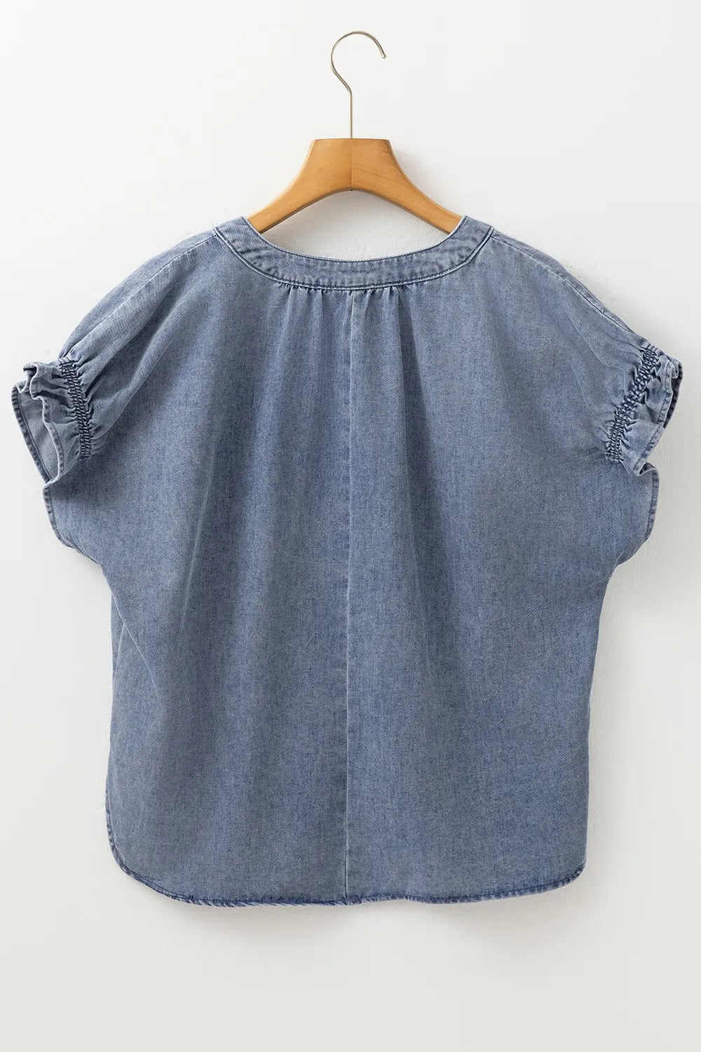 V Neck Ruffled Short Puff Sleeve Denim Top 