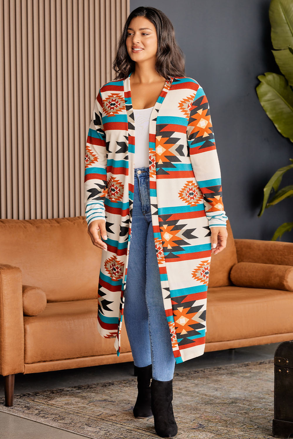 Plus Size Geometric Open Front Longline Cardigan 