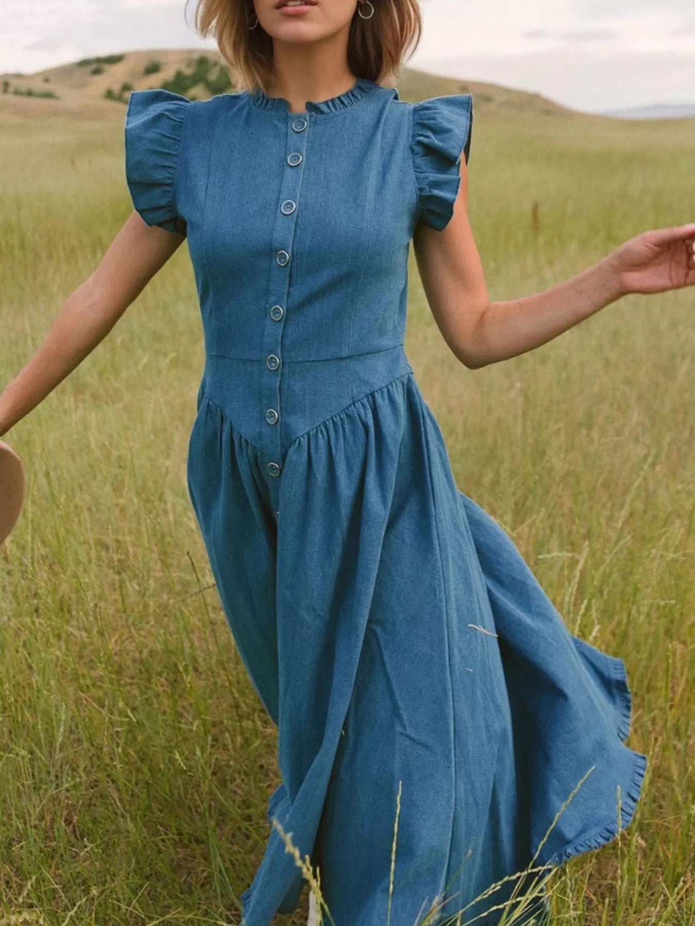 Ruffled Cap Sleeve Denim Dress 