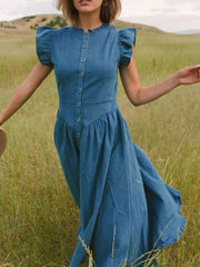 Ruffled Cap Sleeve Denim Dress 