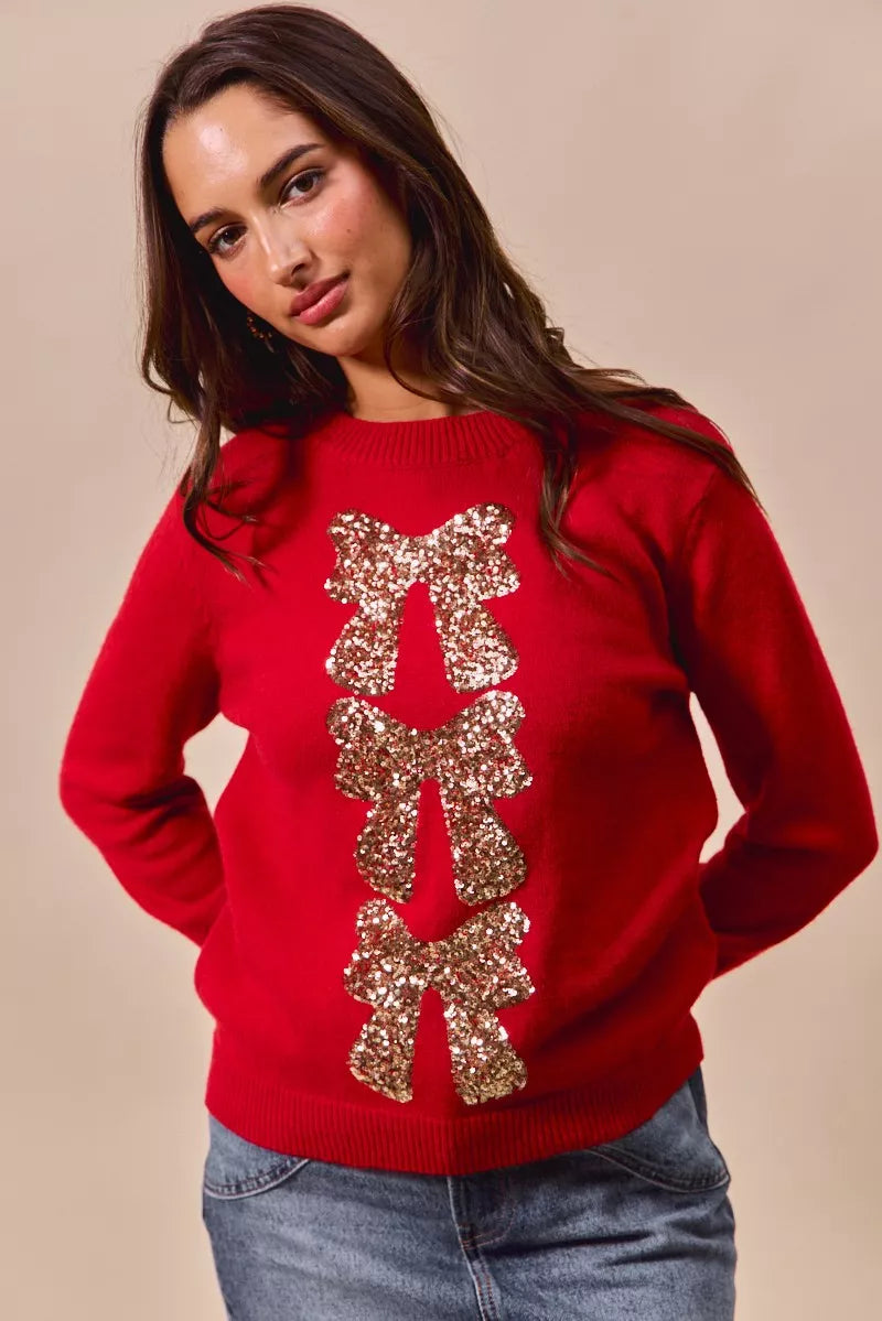 SO ME Sequins Bow Ribbon Embellished Christmas Sweater 