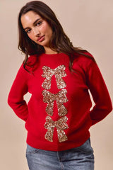 SO ME Sequins Bow Ribbon Embellished Christmas Sweater 