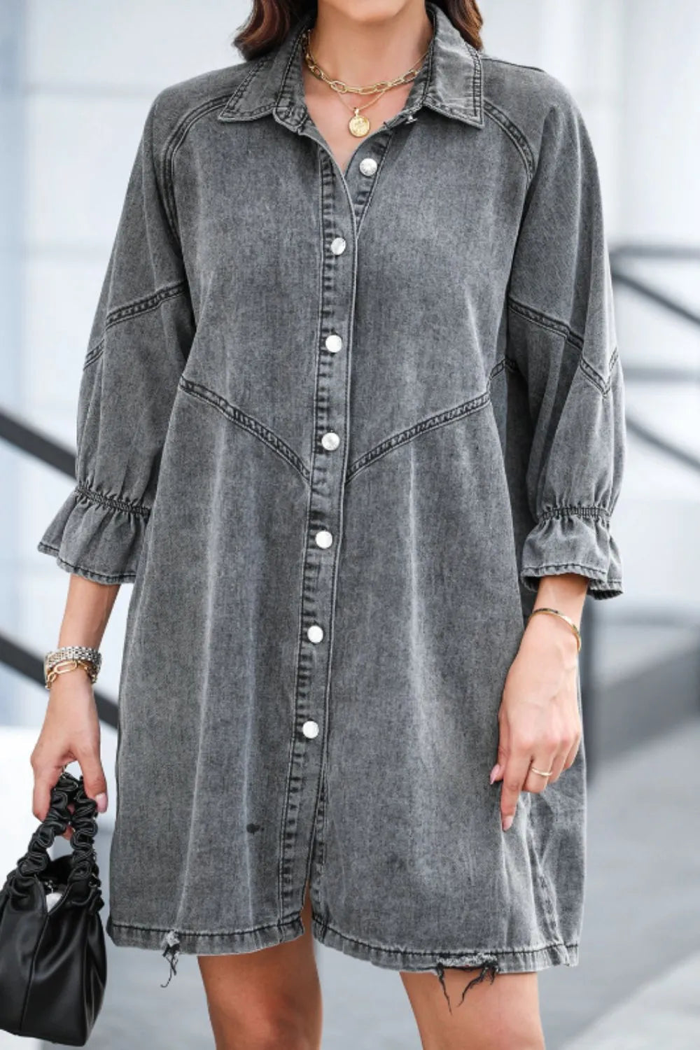 Distressed Collared Neck Flounce Sleeve Denim Dress 