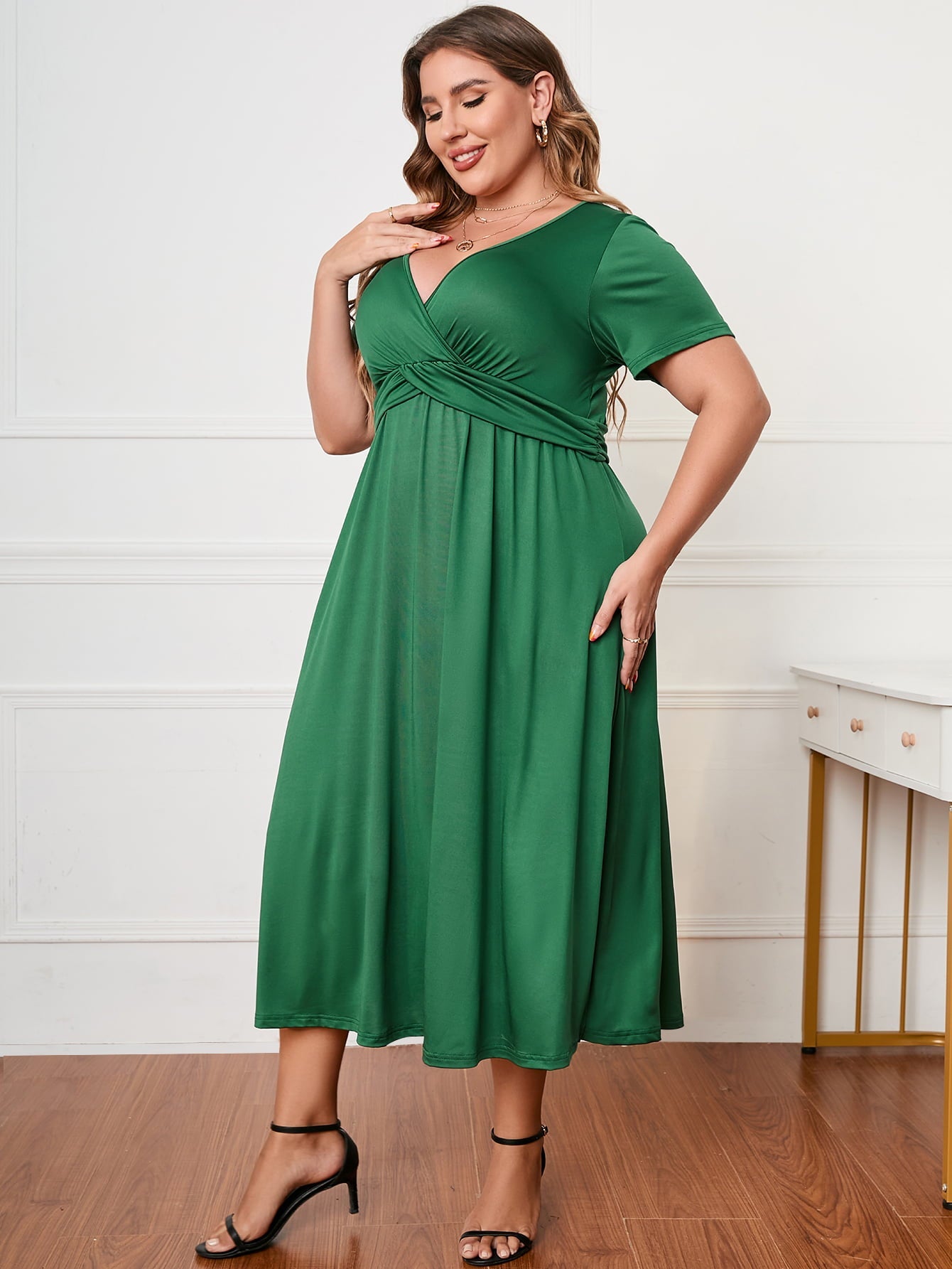 Honey Plus Size Short Sleeve Surplice Neck Midi Dress 