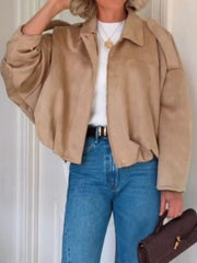 Zip Up Dropped Shoulder Suede Jacket 