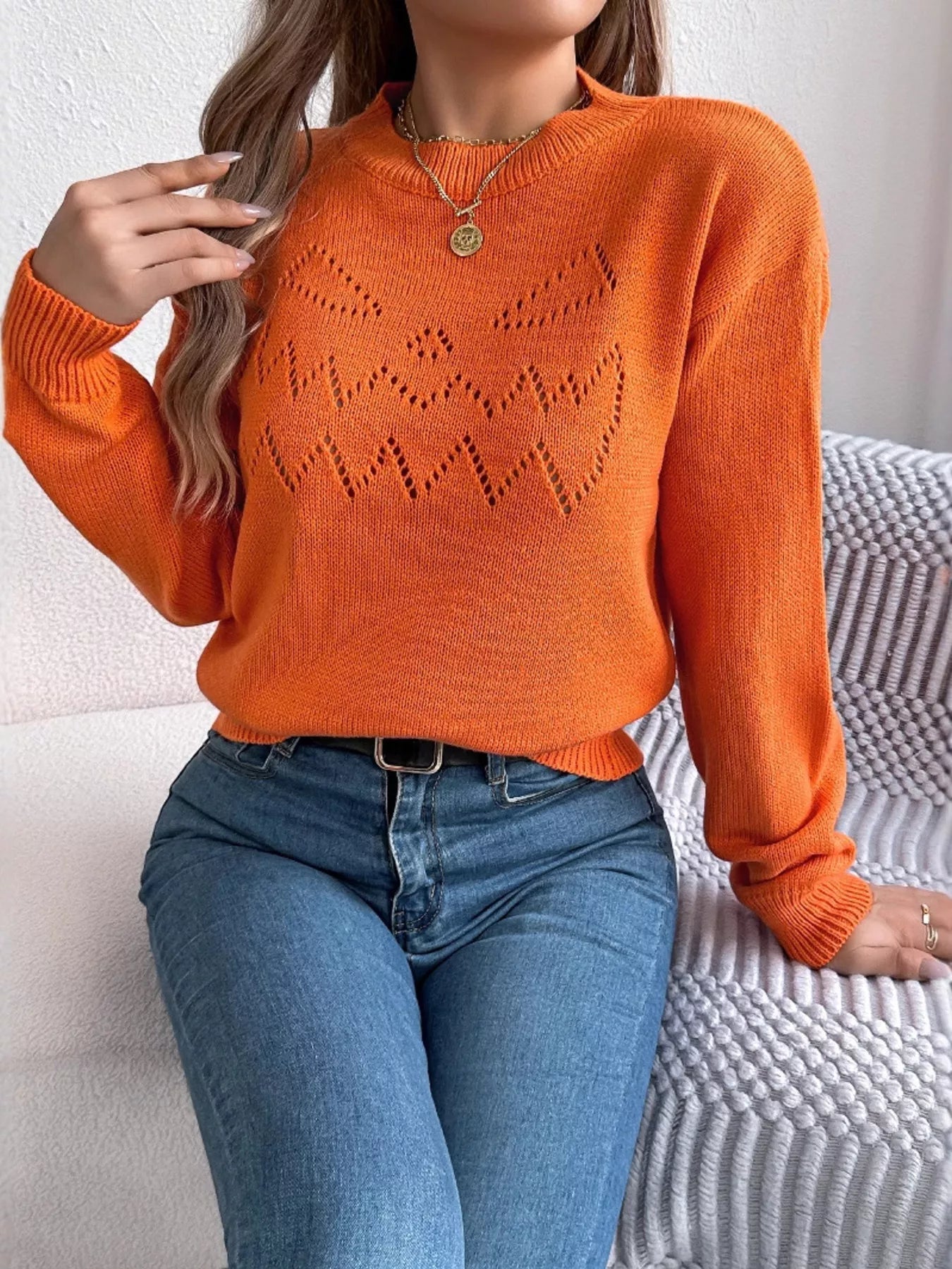 Openwork Round Neck Long Sleeve Sweater 