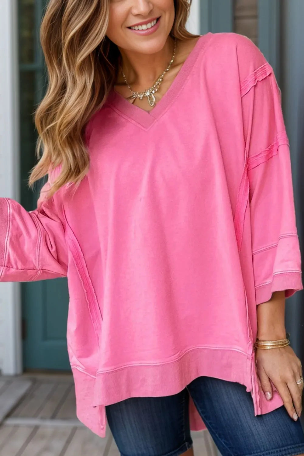 Exposed Seam V-Neck Blouse 