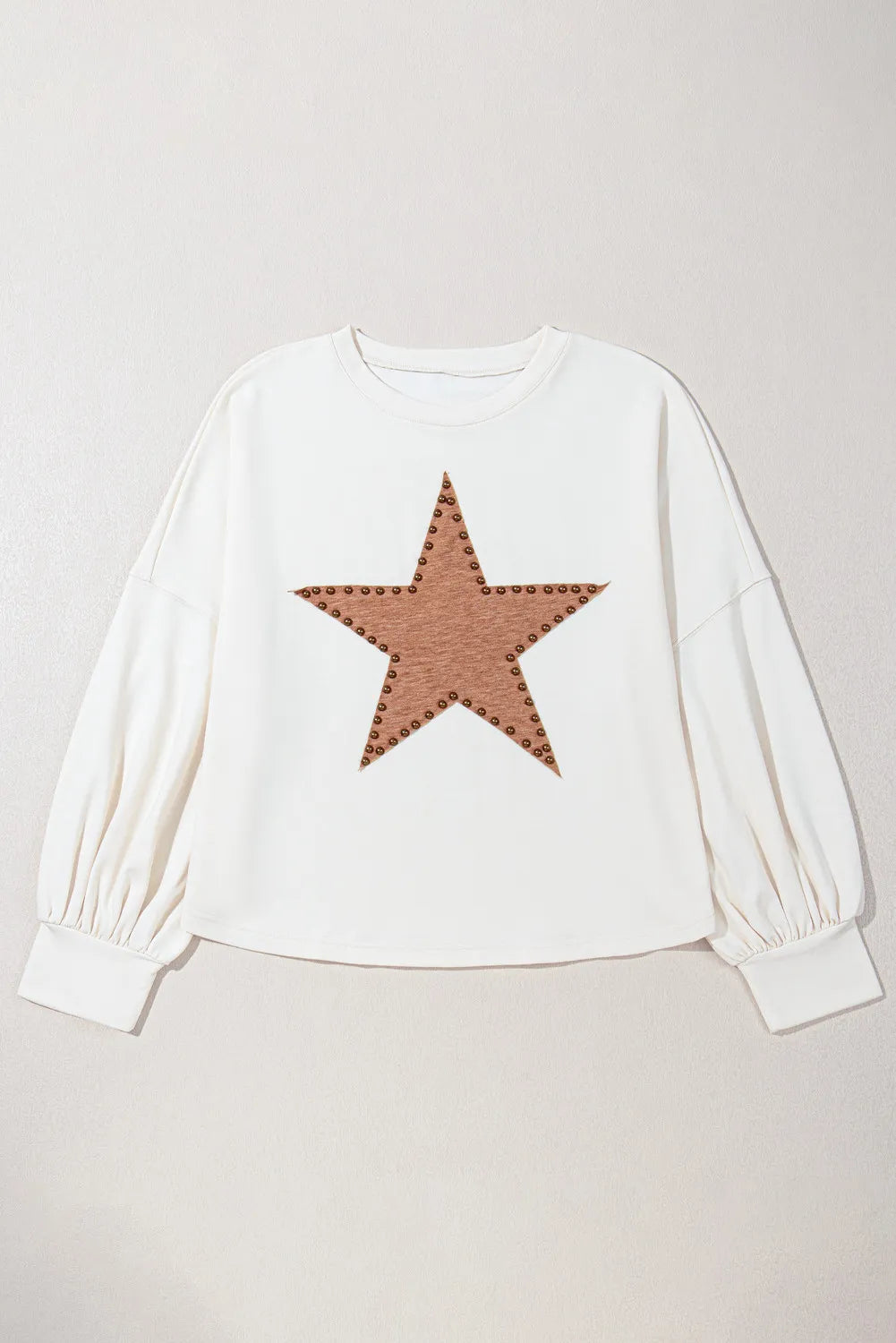 Plus Size Studded Star Round Neck Long Sleeve Blouse 