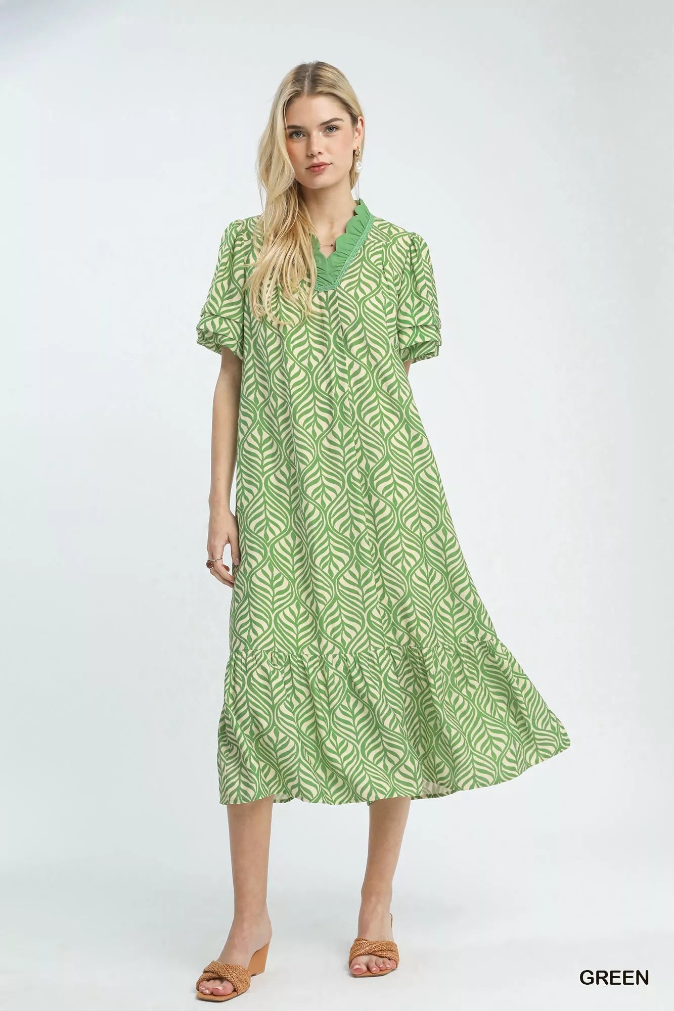 Umgee Leaf Print Ruffle Neck Midi Dress 