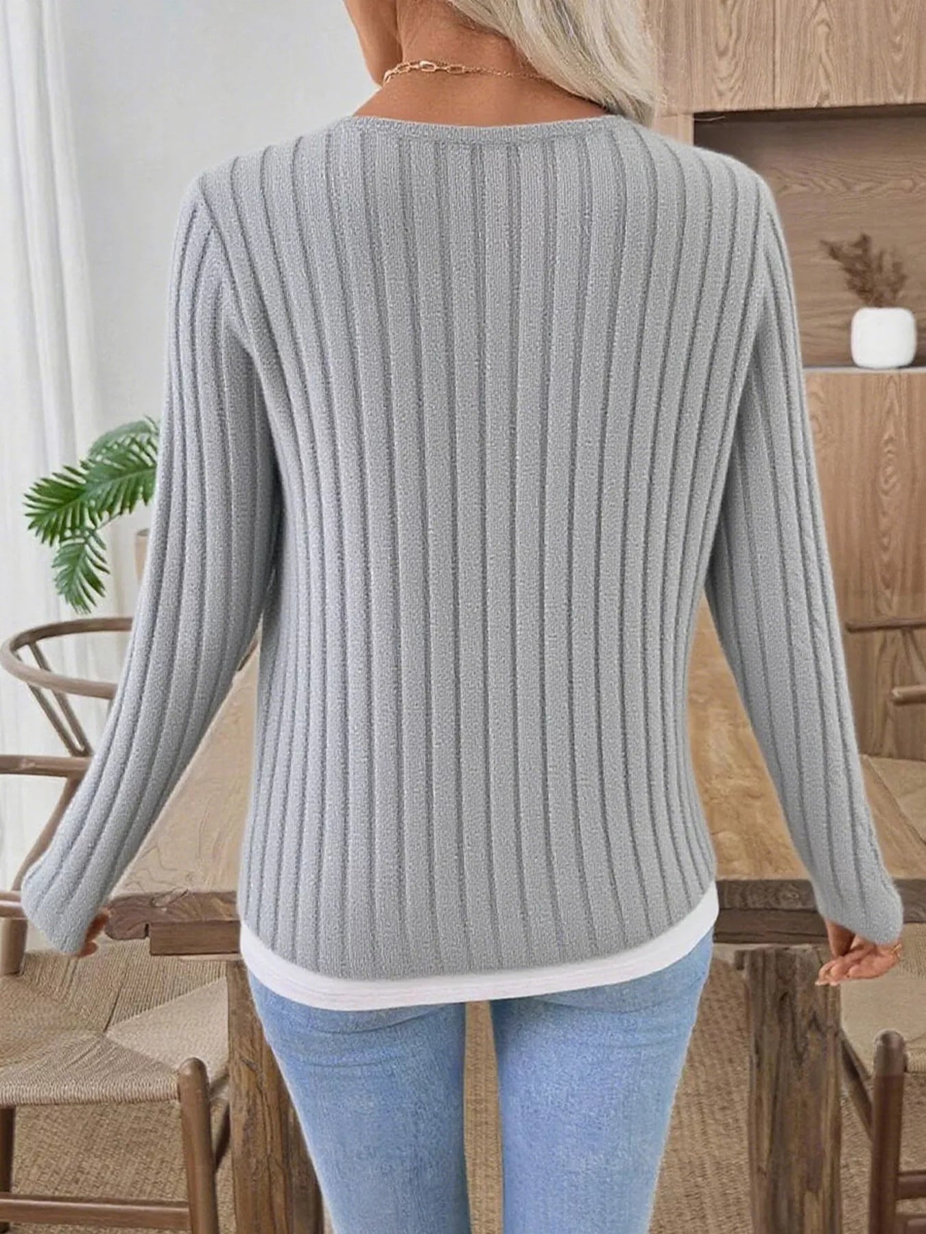 Ribbed Knit Button Detail Contrast Sweater 