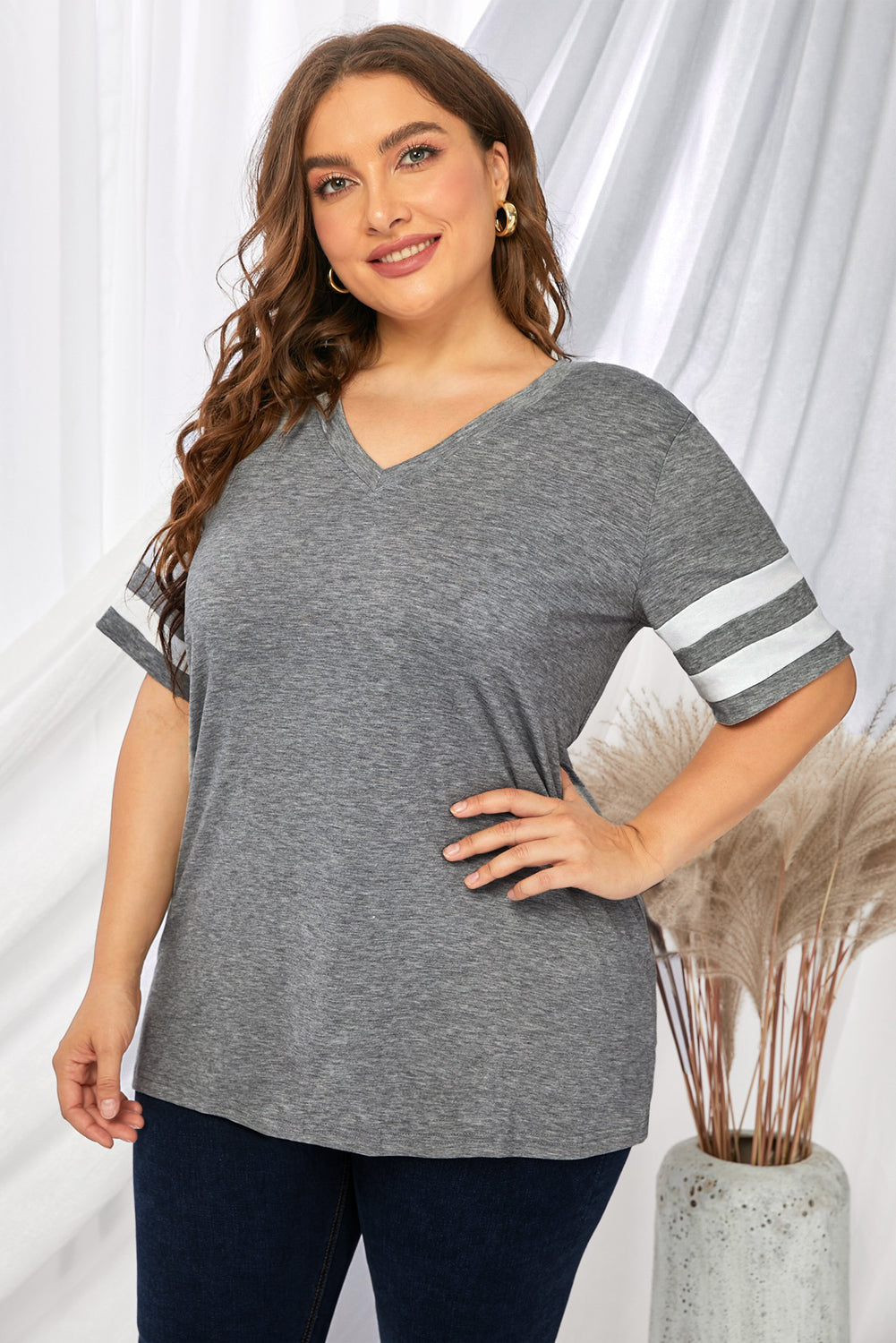 Plus Size Striped V-Neck Tee Shirt 